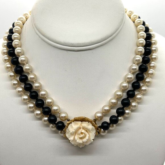 Vintage Double Strand Faux Pearl & Single Black Bead Necklace Floral Box Clasp - Picture 1 of 16
